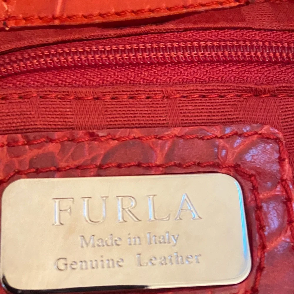 Furla Red Croc-Embossed Genuine Leather Tote Bag - Picture 6 of 7